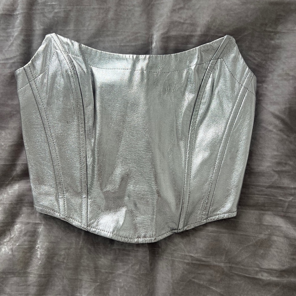 Line & Dot Strapless Metallic Silver Top